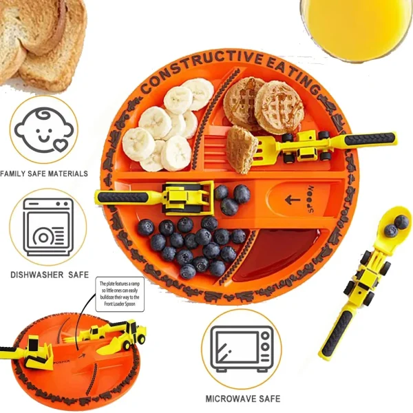 Kf s86011b3b6ff1486dbba9e9e06b718010x new car bulldozer excavator shovel plate knife fork spoon bpa free children spoon tableware set dinnerware
