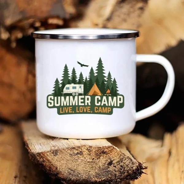 Kf S893fd92ee2ac4e2eb8f0b0470b78e64fd New Caravan Printed Camper Mugs Camping Enamel Mug Adventure Campfire Party Beer Juice Cup Mountain Handle