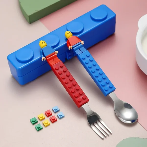Kf s90879b79419a41589d94b113b56afc4el 304 stainless kids funny fork spoon set children building block toys cartoon steel tableware portable storage