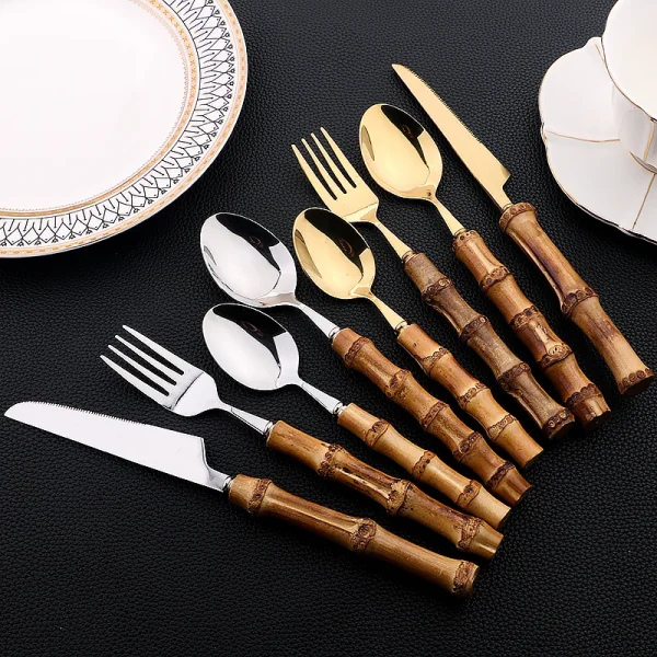 Kf s95250fb30ff9446887341b61afa66182a 24pcs tableware sets bamboo handle stainless steel cutlery set creative dinnerware knife fork spoon mirror flatware