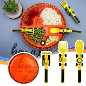 Kf s9ee9999464ac44db9170fb7bdd3e5525l new car bulldozer excavator shovel plate knife fork spoon bpa free children spoon tableware set dinnerware