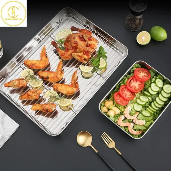 Kf sa37a0afcbea14c249efca3792bad77bdn 1pcs thick stainless steel plates with filter mesh and plastic cover for fried food bbq seafood