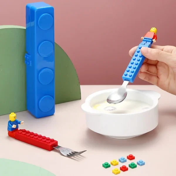 Kf sb483ab02bcd44c4b918ebdd8a41fb96f8 304 stainless kids funny fork spoon set children building block toys cartoon steel tableware portable storage