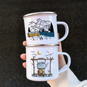 Kf Sc2012e2205dc4da19f41f1833bf11483u New Caravan Printed Camper Mugs Camping Enamel Mug Adventure Campfire Party Beer Juice Cup Mountain Handle