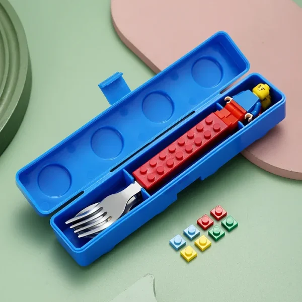 Kf sc371a1554ff14eaba88080073cfa9f2cs 304 stainless kids funny fork spoon set children building block toys cartoon steel tableware portable storage