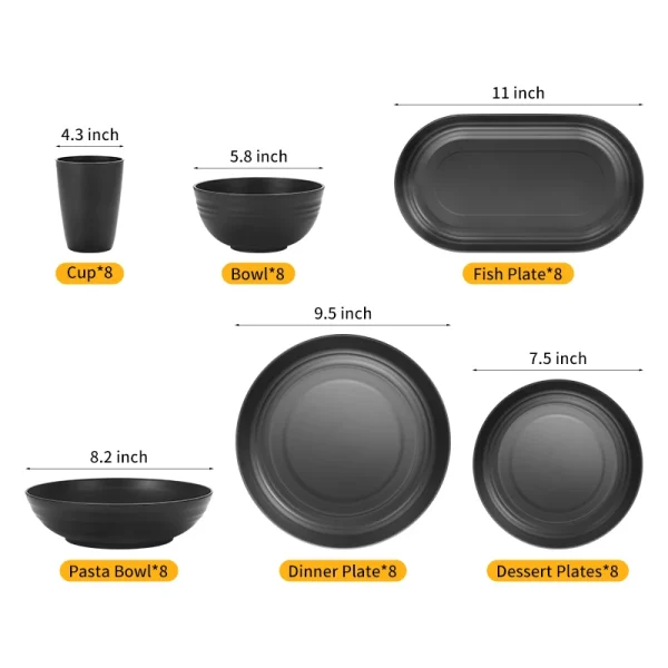 Kf Sc54a584f38b94c1287be1e6f7c8001eey 24pcs Plastic Cutlery Set Dishes Plates Cups Black Dinner Plates Gift Set For Outdoor Camping