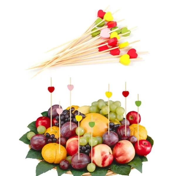 100pcs 12cm Heart Flower Bamboo Pick Buffet Cupcake Fruit Fork Party Dessert Salad Stick Cocktail Skewer 5