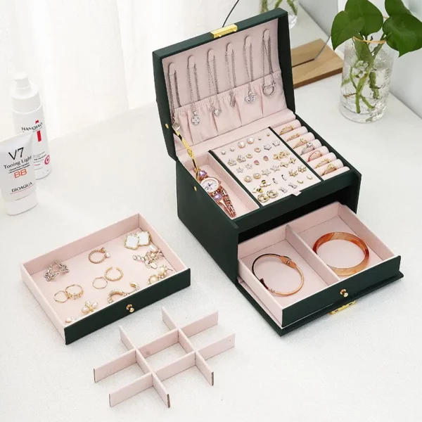 1pcs Multi Functional Three Layer Leather Drawer Style Jewelry Box Earrings Earrings Lock Jewelry Box 1