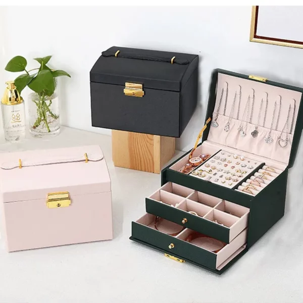 1pcs Multi Functional Three Layer Leather Drawer Style Jewelry Box Earrings Earrings Lock Jewelry Box 2