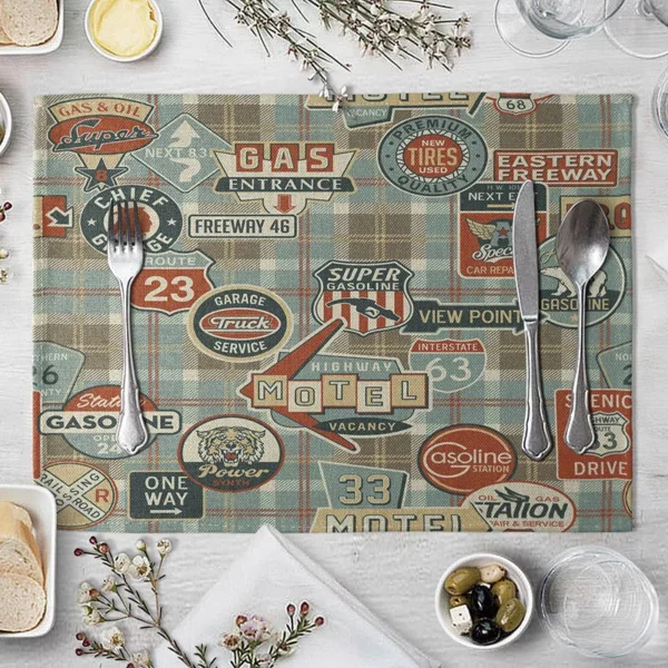 45 32cm creativity road sign pattern cotton linen pad dining table mats vintage bowl cup mat 1