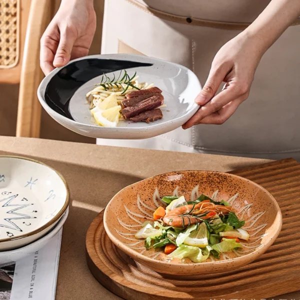 Creative ceramic tableware for household hotels irregular dinner plate japanese retro ceramic western food spaghetti salad 4