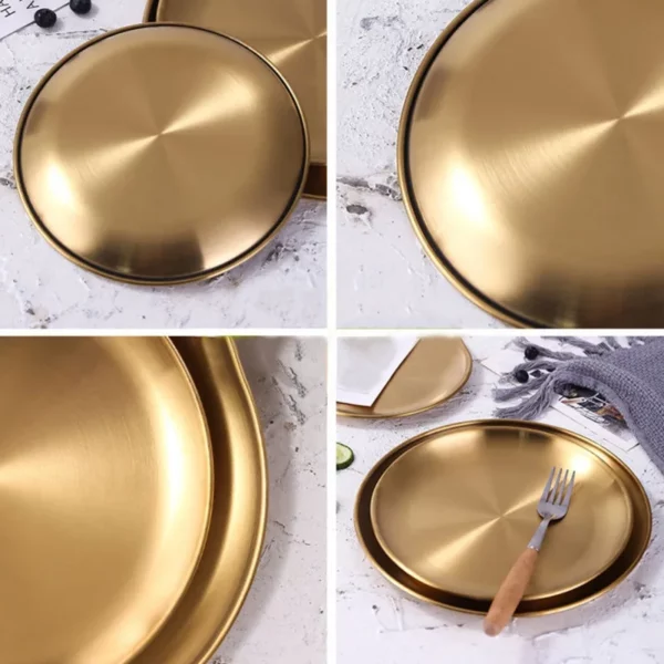 Golden Stainless Steel Plate Set 2 Pieces Easy To Clean Luxury Metal Round Serving Tray 3