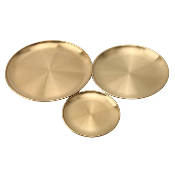 Golden Stainless Steel Plate Set 2 Pieces Easy To Clean Luxury Metal Round Serving Tray 4