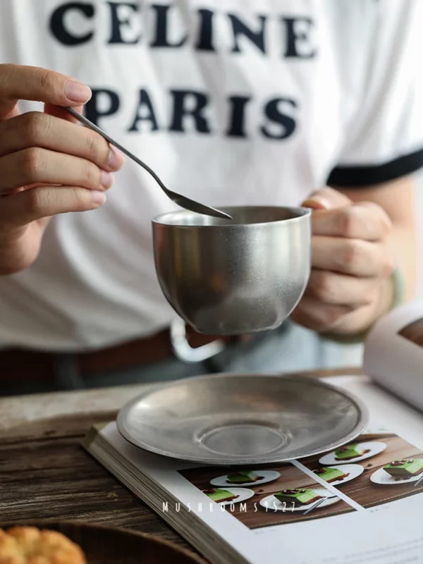 Japanese Industrial Style Vintage Frosted Old 304 Stainless Steel Coffee Cup Saucer And Spoon Set Home 1