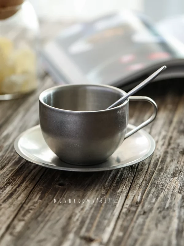 Japanese Industrial Style Vintage Frosted Old 304 Stainless Steel Coffee Cup Saucer And Spoon Set Home 3