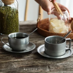 Japanese Industrial Style Vintage Frosted Old 304 Stainless Steel Coffee Cup Saucer And Spoon Set Home