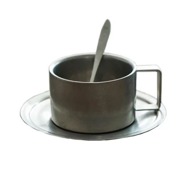 Japanese Industrial Style Vintage Frosted Old 304 Stainless Steel Coffee Cup Saucer And Spoon Set Home 5