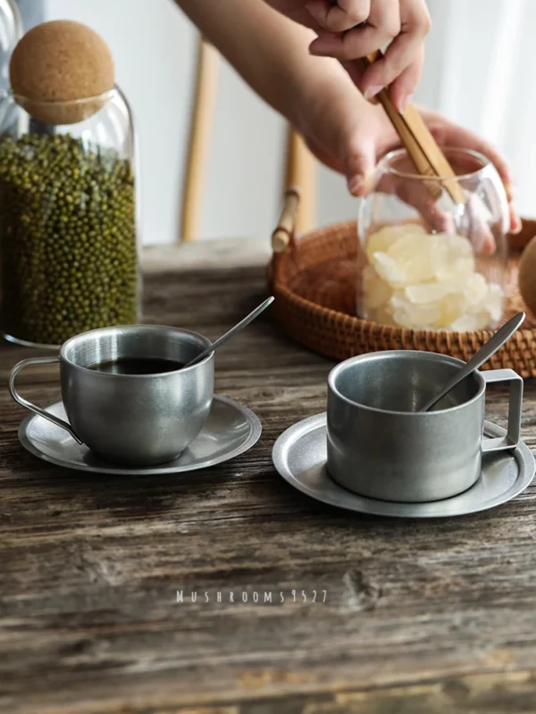 Japanese Industrial Style Vintage Frosted Old 304 Stainless Steel Coffee Cup Saucer And Spoon Set Home