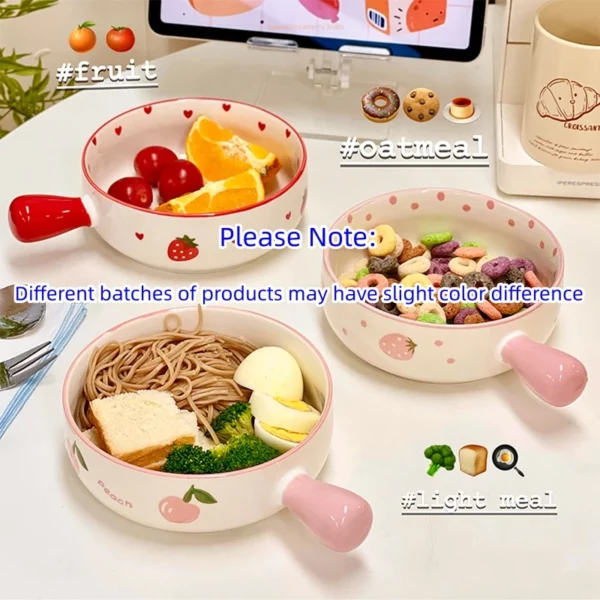 Kawaii Strawberry Peach Bowl Plate Ceramic Fruit Salad Noodle Ramen Kitchen Bowl With Handle Tableware Gift 1