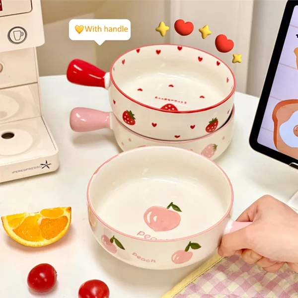 Kawaii Strawberry Peach Bowl Plate Ceramic Fruit Salad Noodle Ramen Kitchen Bowl With Handle Tableware Gift 3