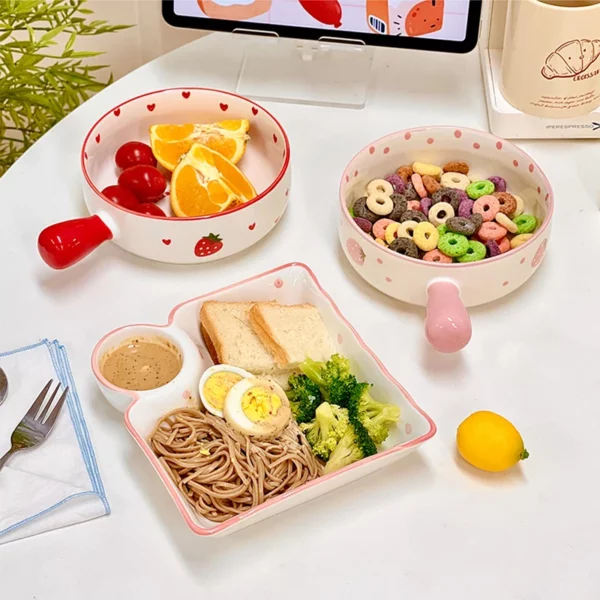 Kawaii Strawberry Peach Bowl Plate Ceramic Fruit Salad Noodle Ramen Kitchen Bowl With Handle Tableware Gift 4