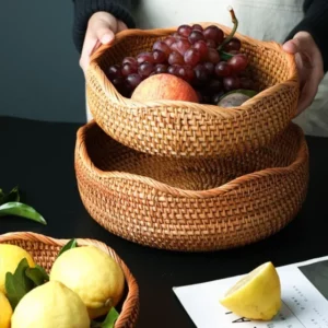 New Handwoven Storage Basket Rattan Storage Tray Wicker Basket Bread Fruit Breakfast Tea Picnic Basket Kitchen