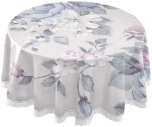 Round Tablecloth 60 Inch Circular Table Cover Blue Flower for Buffet Table Home Parties Holiday Dinner Lace Tablecloth