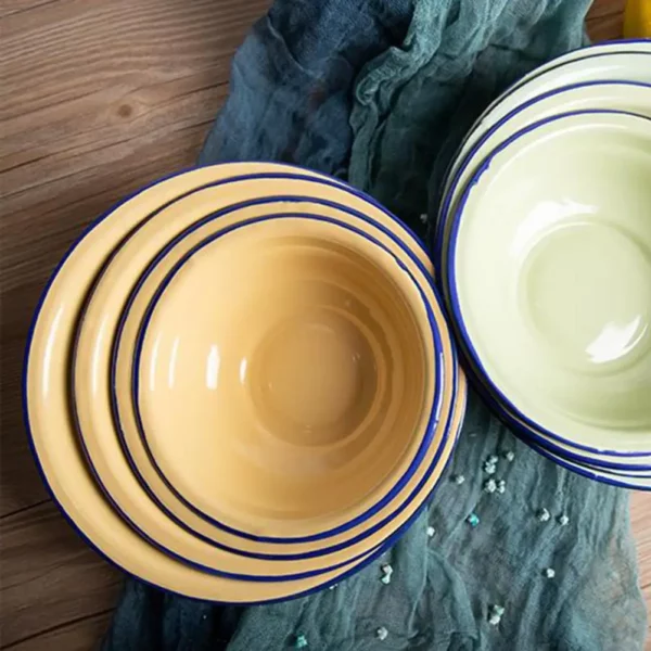 Salad bowl noodle rice bowl durable vintage enamel multifunctional soup plate food containers for kitchen tableware 1