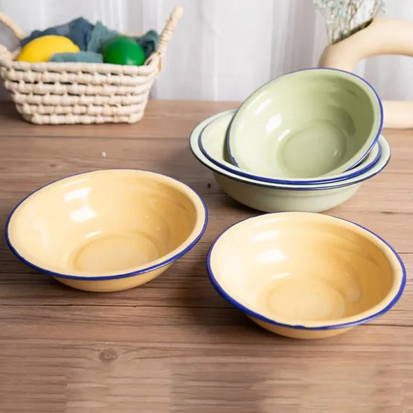 Salad bowl noodle rice bowl durable vintage enamel multifunctional soup plate food containers for kitchen tableware 3