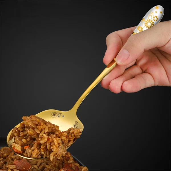 Stainless Steel Flowers Print Big Serving Spoon Long Handle Soup Ladle Buffet Distribution Tableware Restaurant Kitchen 2