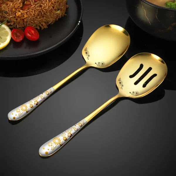 Stainless Steel Flowers Print Big Serving Spoon Long Handle Soup Ladle Buffet Distribution Tableware Restaurant Kitchen 3