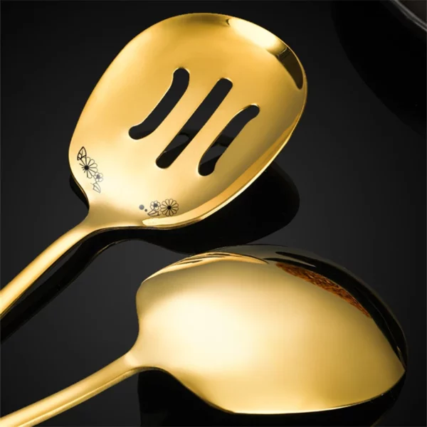 Stainless Steel Flowers Print Big Serving Spoon Long Handle Soup Ladle Buffet Distribution Tableware Restaurant Kitchen 4