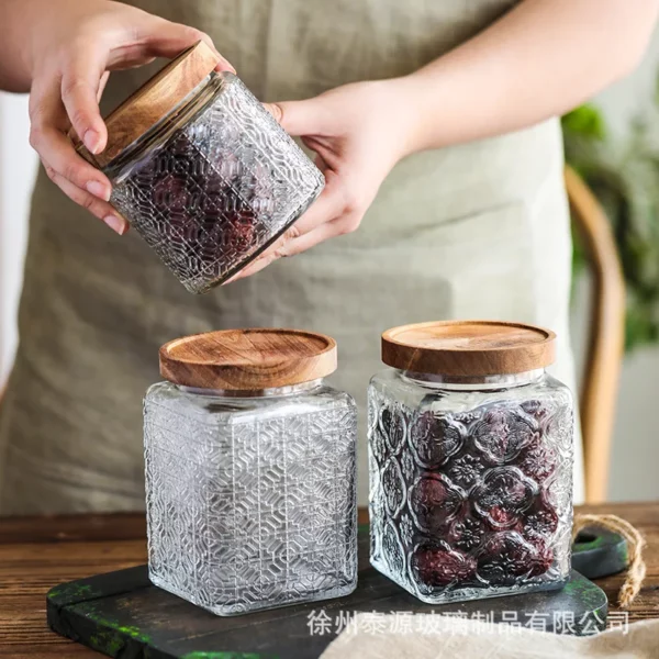 Vintage Square Embossed Glass Jar Acacia Wood Lid Sealed Jar Cylindrical Kitchen Storage Bottle Sugar Food 1