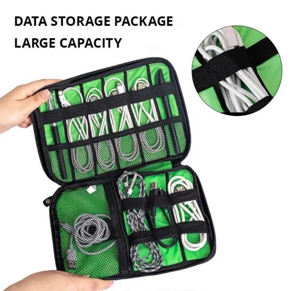 1pc Black Green Storage Bag Electronic Accessory Organizer Portable Usb Data Cable Charger Plug Travel Waterproof