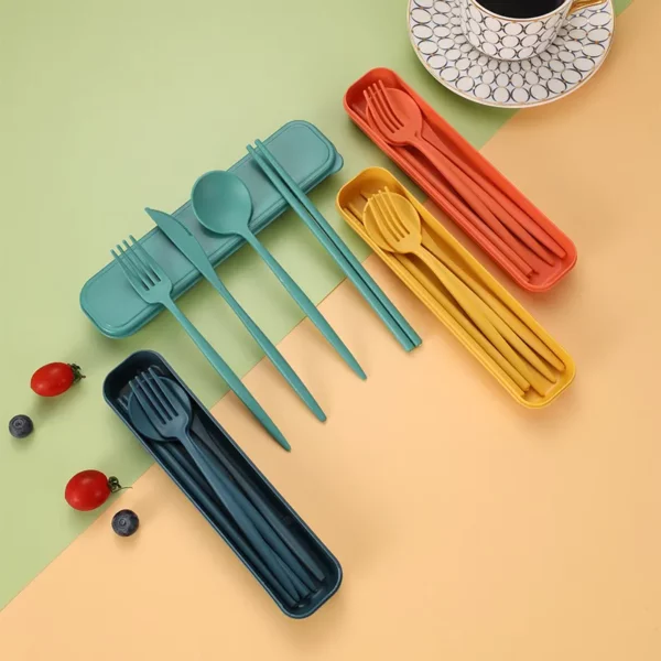 4pcs Set Wheat Straw Tableware Box Spoon Fork Chopsticks Cutlery Dinnerware Children Adult Travel Portable Kitchen