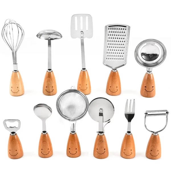 Cute Smile Tableware Wooden Handle Stainless Steel Fork Egg Division Scoops Peeler Spatula Skimmer Egg Brater