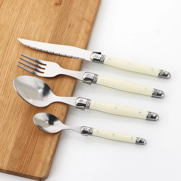 Jaswehome Laguiole Cutlery Set 4piece Steak Knives Forks Soup Spoons Teaspoons Ivory Color Flatware Stainless Steel