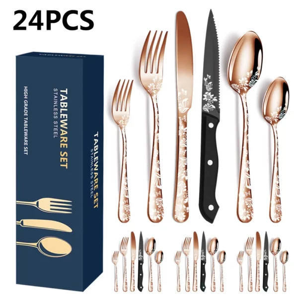 New 24pcs Explosive Pattern Stainless Steel Cutlery Set Luxury Western Steak Dinnerware Set Knife Fork Spoon